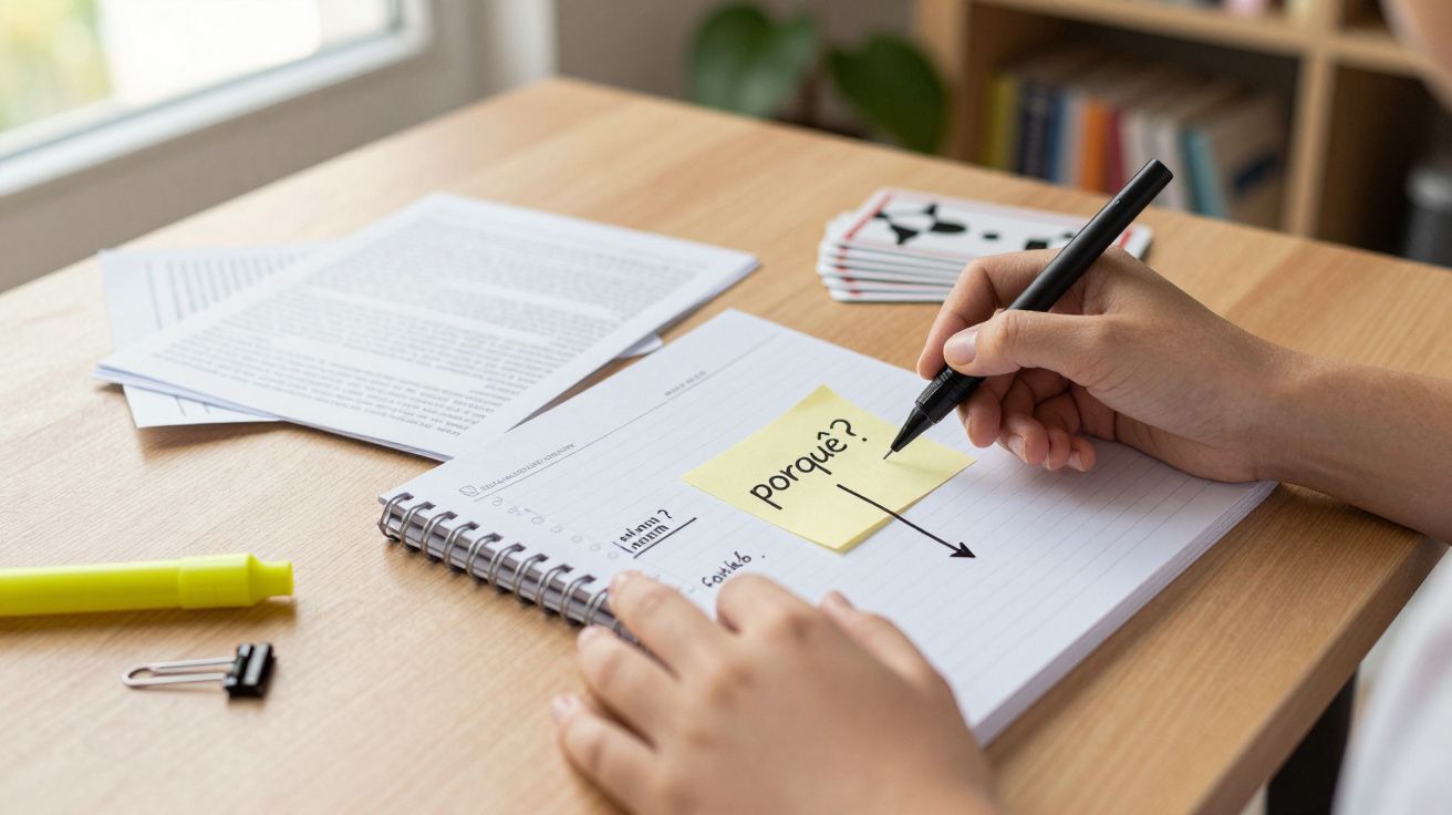 Pessoa escreve "porquê?" num post-it amarelo sobre caderno em secretária, com destacador e documentos ao lado.