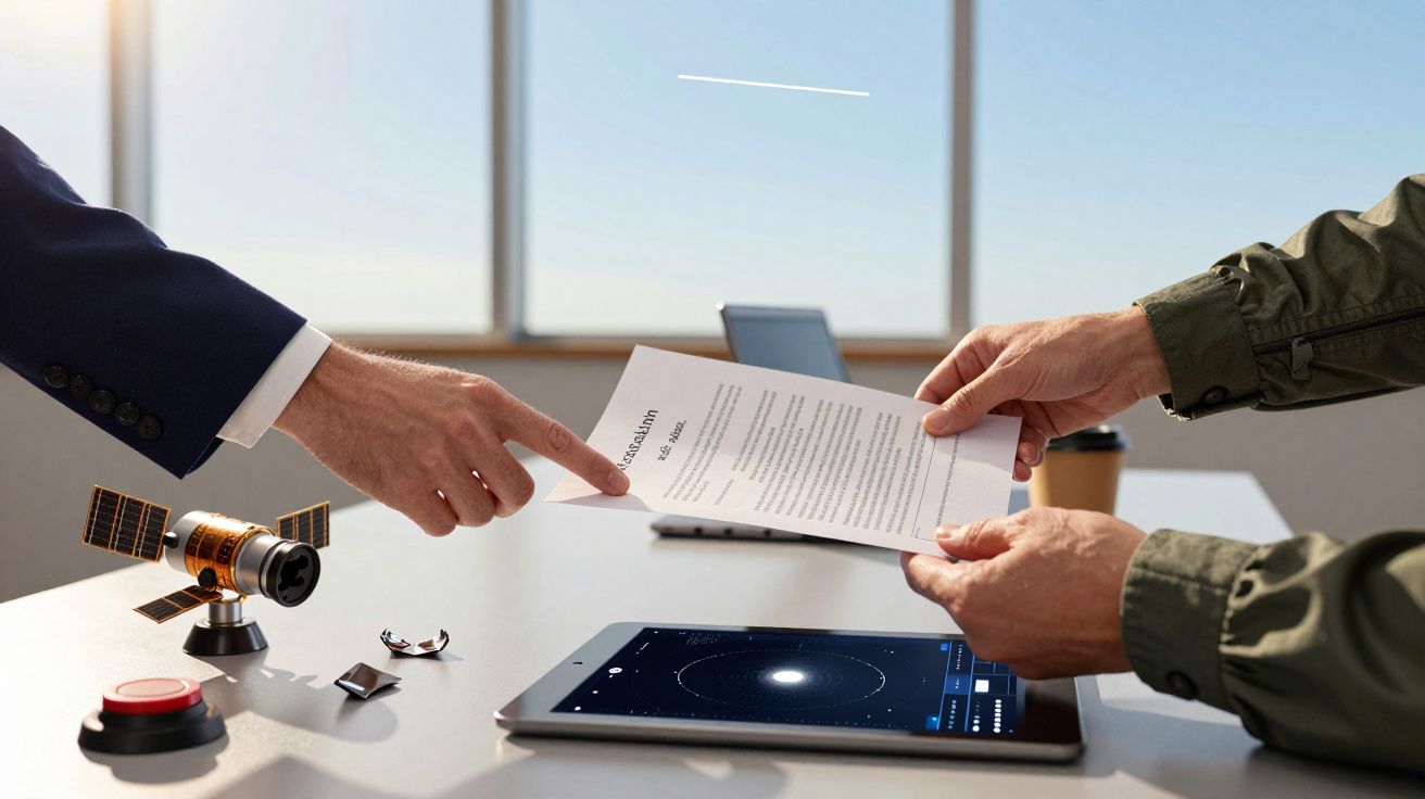 Duas pessoas analisam um documento num escritório; há uma maquete de satélite e um tablet sobre a mesa.