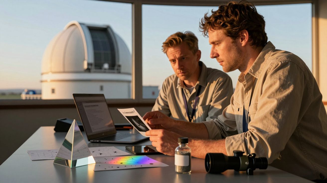 Dois homens trabalham em documentos e computador num observatório astronómico ao pôr do sol.