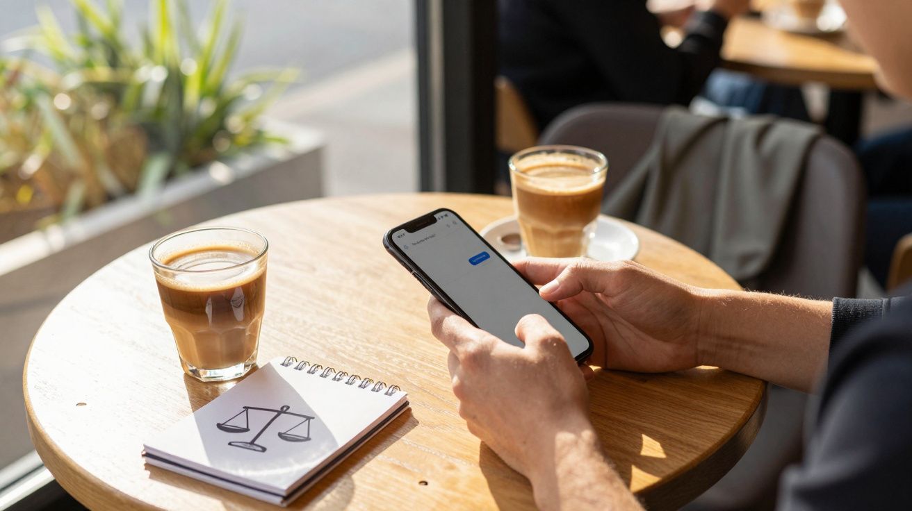 Pessoa a usar smartphone numa mesa de café com cappuccino e caderno com símbolo de balança de justiça.