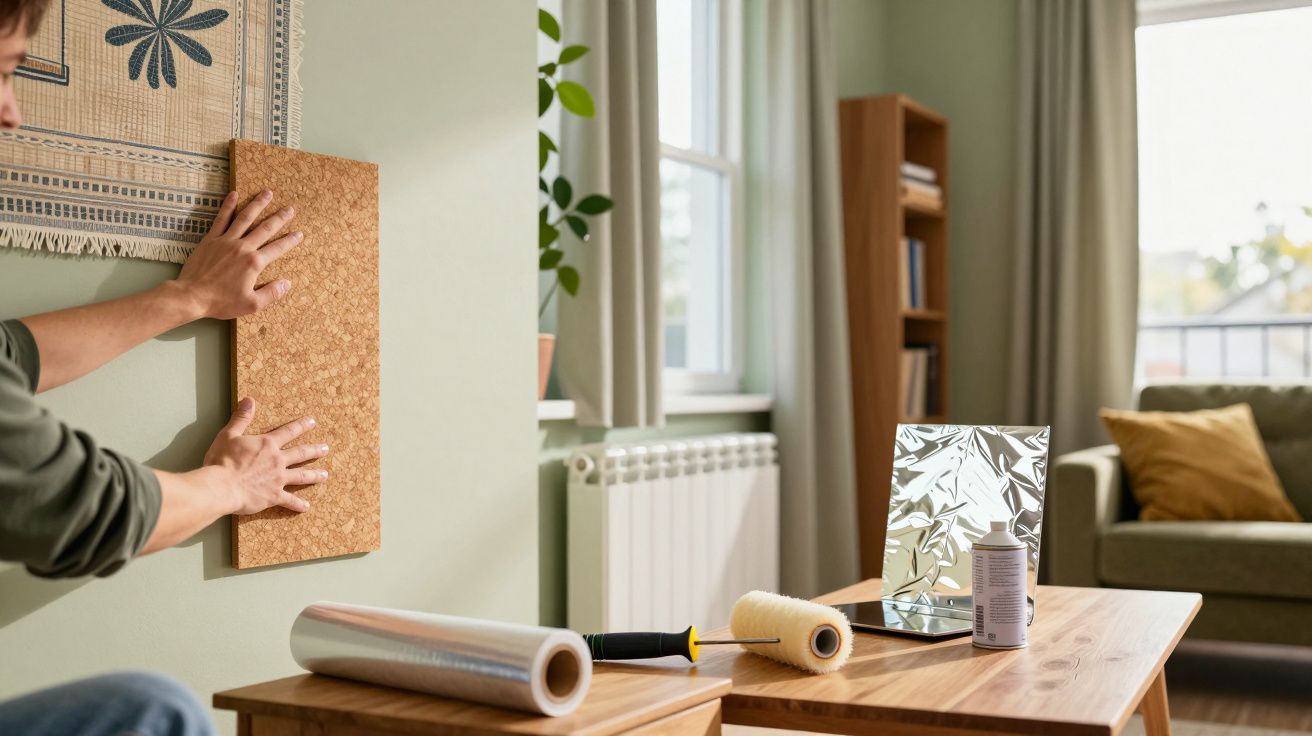 Pessoa colocando placa de cortiça na parede de sala de estar com sofá, janelas e mesa com rolo e espelho decorativo.