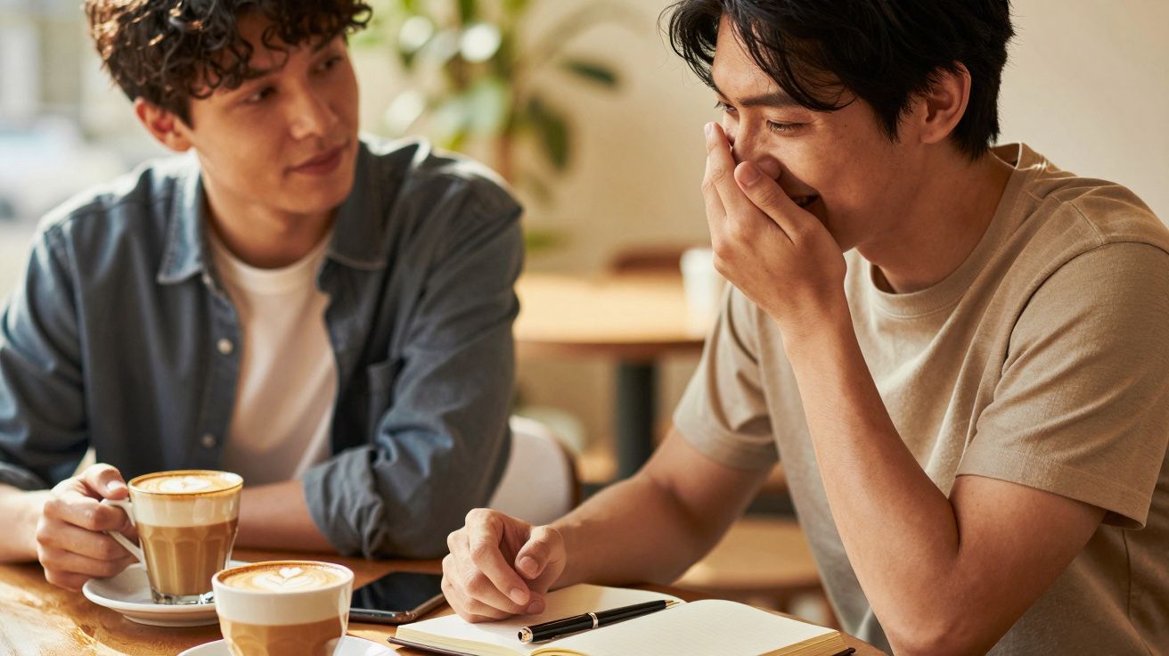 Dois homens a rir-se, sentados numa cafetaria com cappuccinos e caderno sobre a mesa.