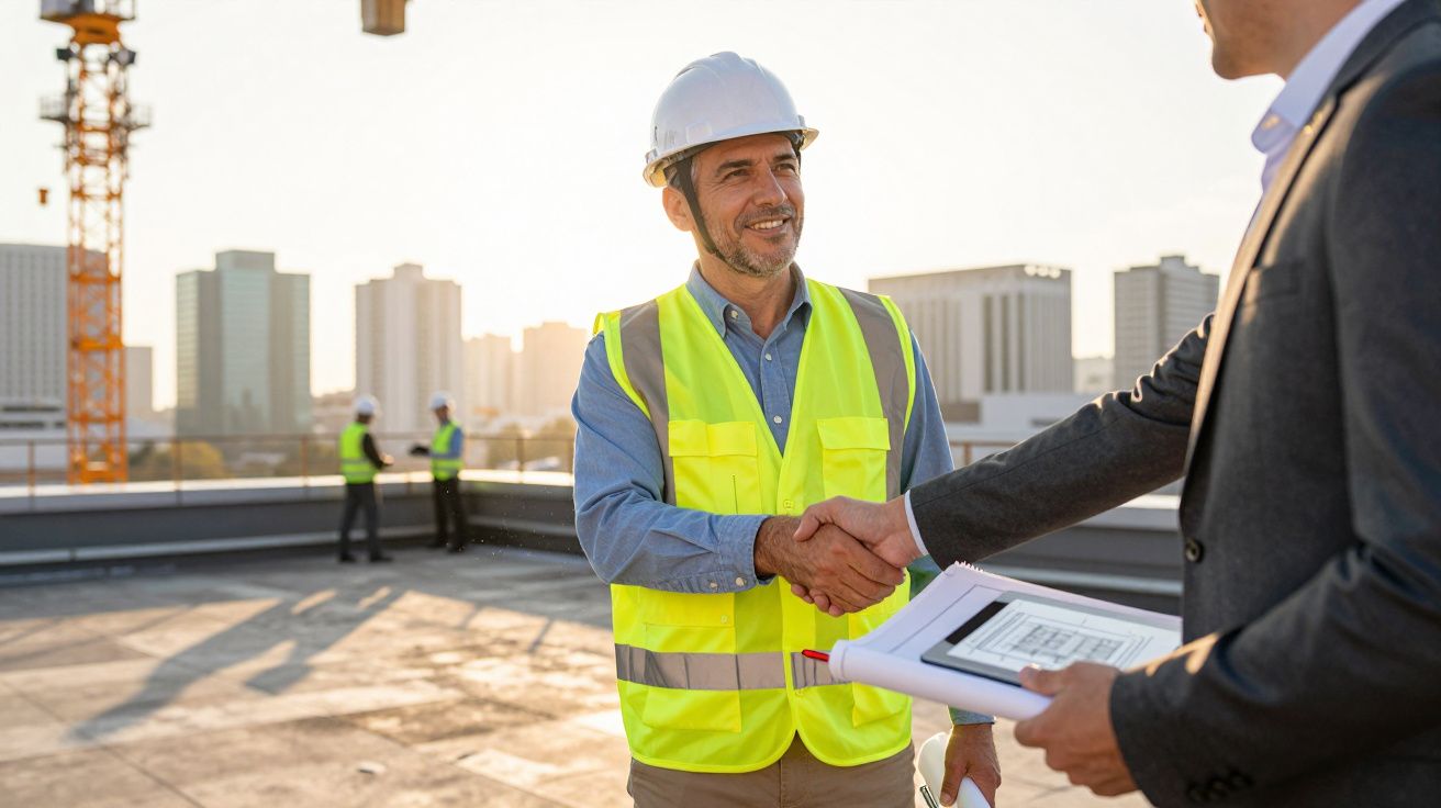 Engenheiro de colete refletor e capacete cumprimenta colega num telhado de construção ao pôr do sol.