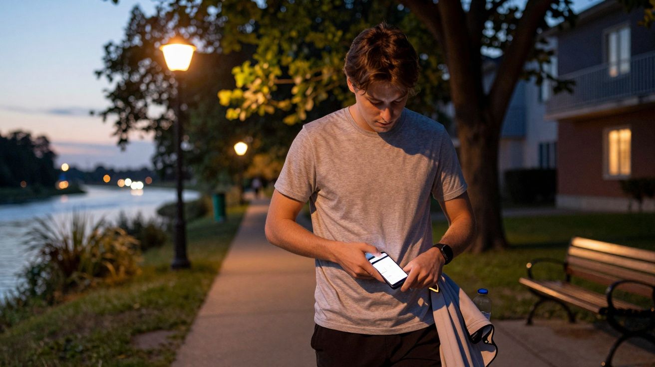 Homem a caminhar à noite num passeio junto ao rio, olhando para o telemóvel, com árvores e candeeiros ao fundo.