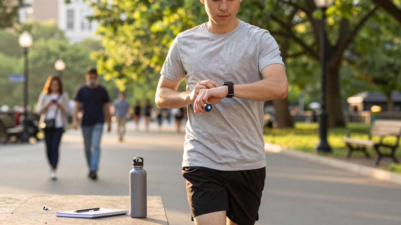 Homem a correr num parque, verificando o relógio. Garrafa de água e caderno numa mesa ao lado.