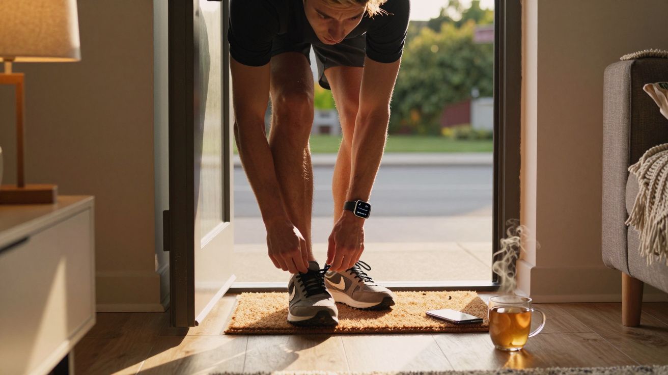 Homem amarra sapatilhas junto à porta, com chá e telemóvel no chão ao lado.