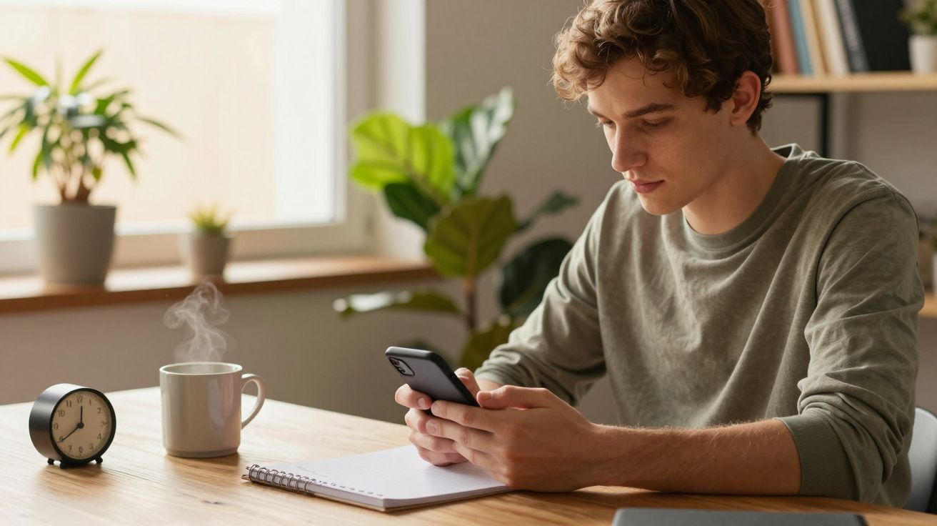 Jovem sentado à mesa com telemóvel na mão, bloco de notas, chávena de café e relógio sobre a mesa.