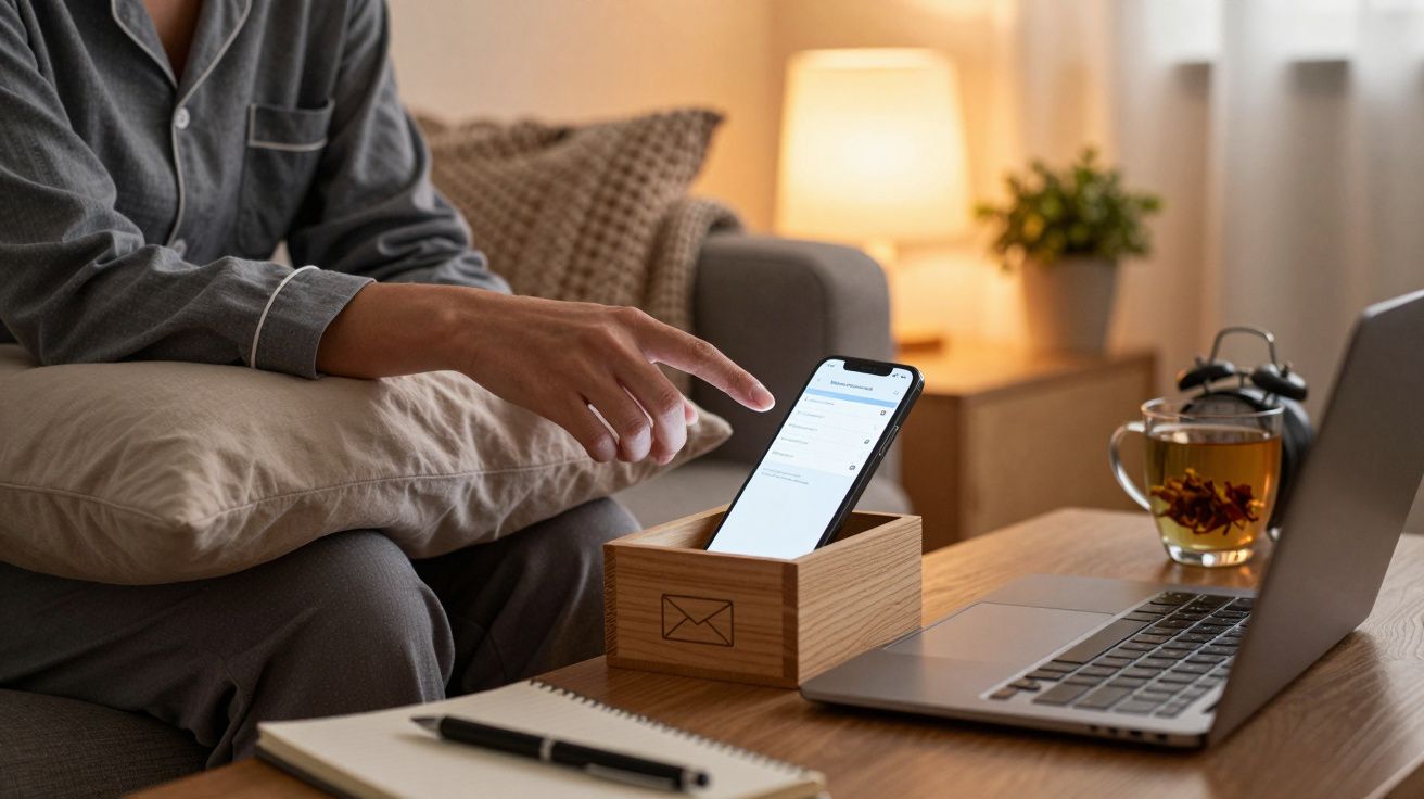 Pessoa em pijama usando smartphone e portátil numa sala acolhedora, com chá e bloco de notas na mesa.