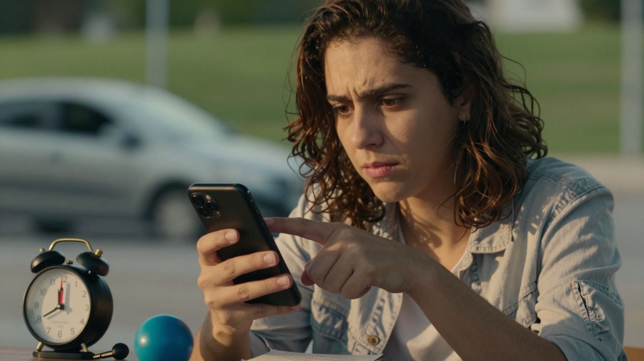 Mulher concentrada olha para o telemóvel com um despertador ao lado, em ambiente exterior.