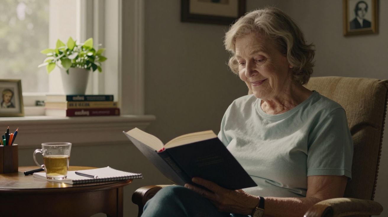 Idosa sentada a ler um livro junto a uma mesa com chá e plantas ao fundo.