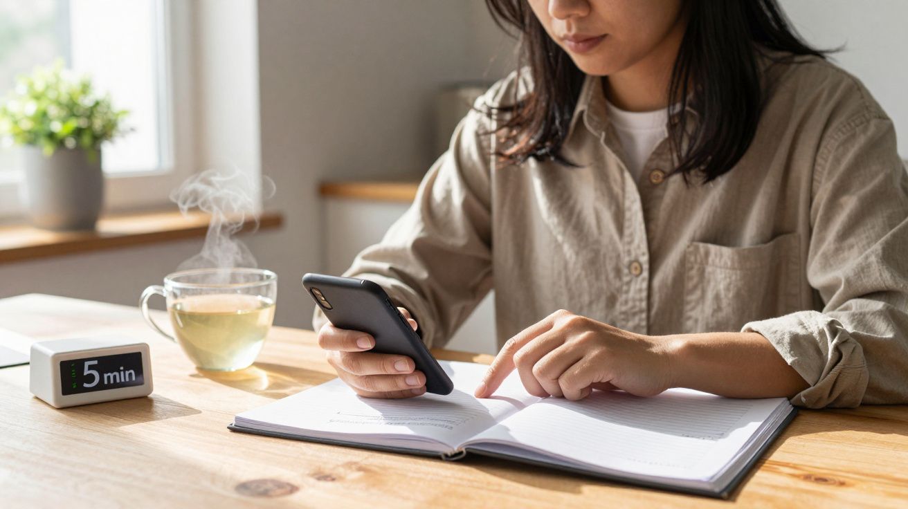 Mulher sentada à mesa, olha para o telemóvel, com chá e livro abertos, cronómetro marca 5 minutos.