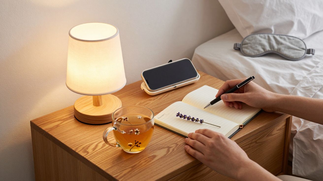 Mesa de cabeceira com chá, caderno, telemóvel, candeeiro e máscara de dormir; mão escrevendo no caderno.
