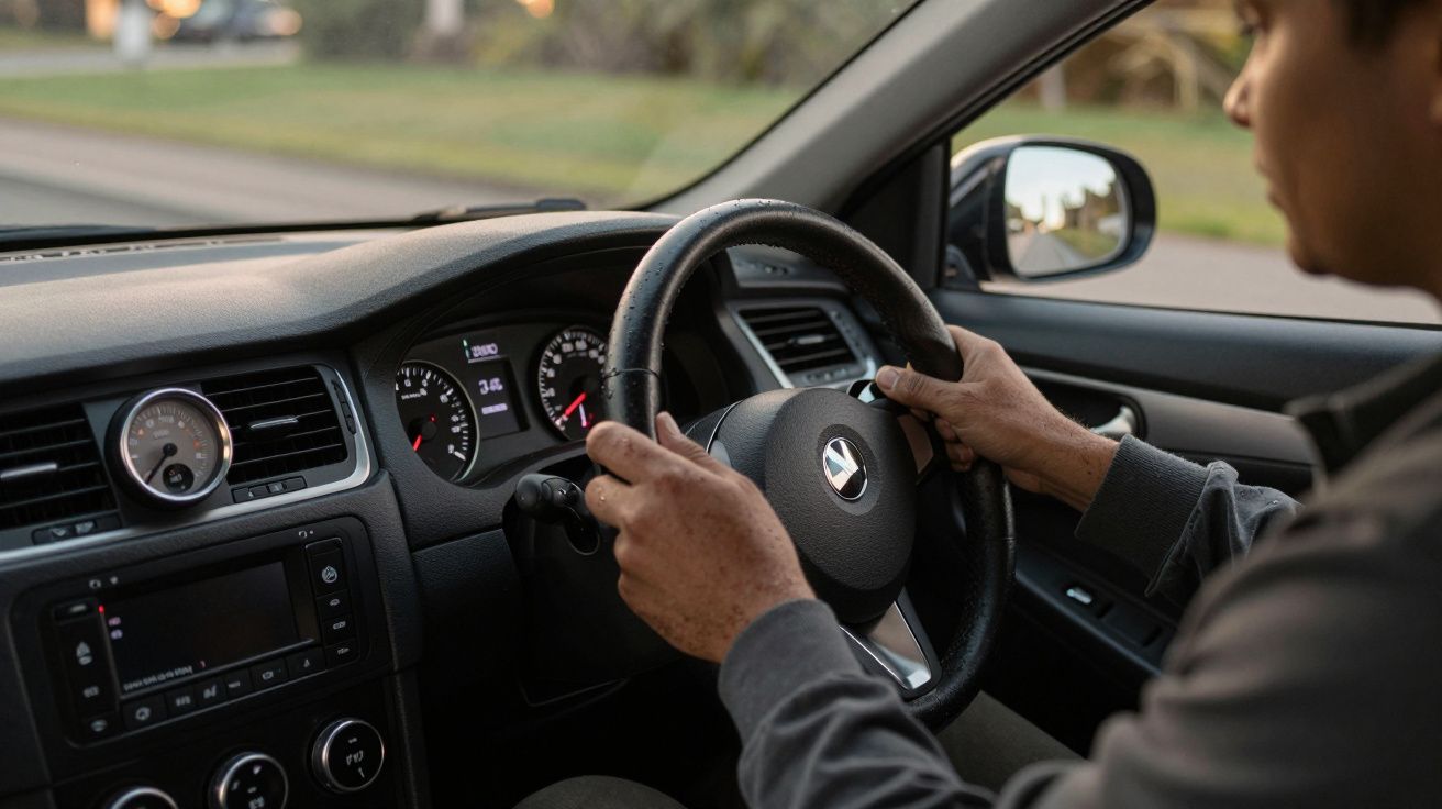 Homem a conduzir um carro com painel de instrumentos visível e exterior desfocado pela janela.