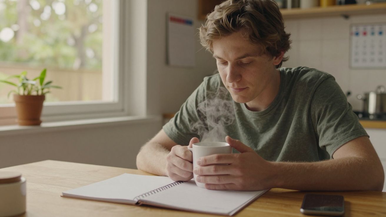 Homem jovem a segurar uma caneca fumegante enquanto estuda em frente a um caderno numa mesa de madeira.