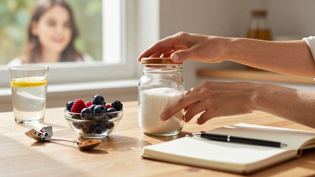 Mão abrindo pote de açúcar ao lado de uma tigela com frutas e um copo de água numa mesa de madeira.