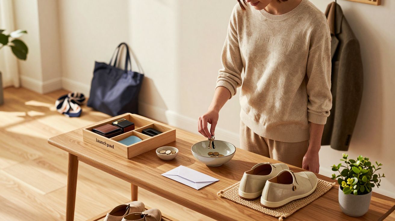 Pessoa organizando moedas numa tigela sobre mesa de madeira com sapatos, plantas e objetos pessoais ao redor.