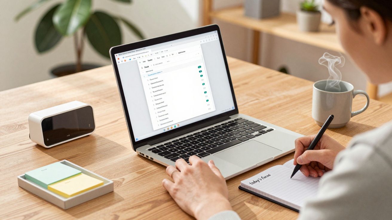 Pessoa a trabalhar num portátil com uma lista de pastas, bloco de notas e caneca fumegante numa mesa de madeira.