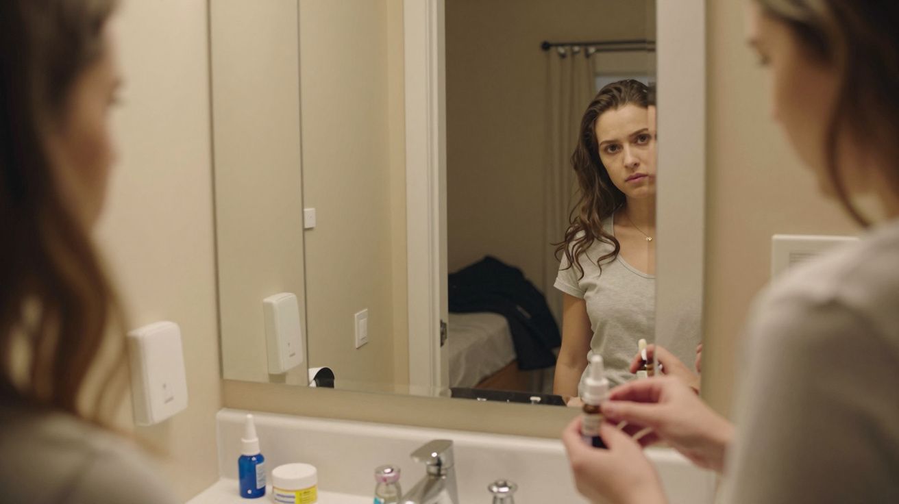 Mulher em frente ao espelho numa casa de banho, segurando frascos, com ar pensativo.