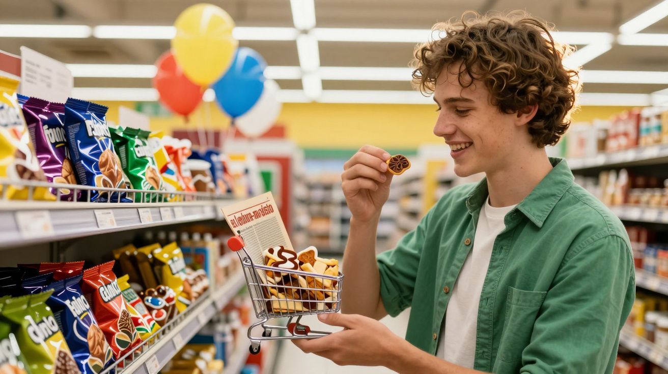 Jovem sorridente com mini carrinho de compras cheio de bolachas, escolhendo uma prateleira num supermercado.