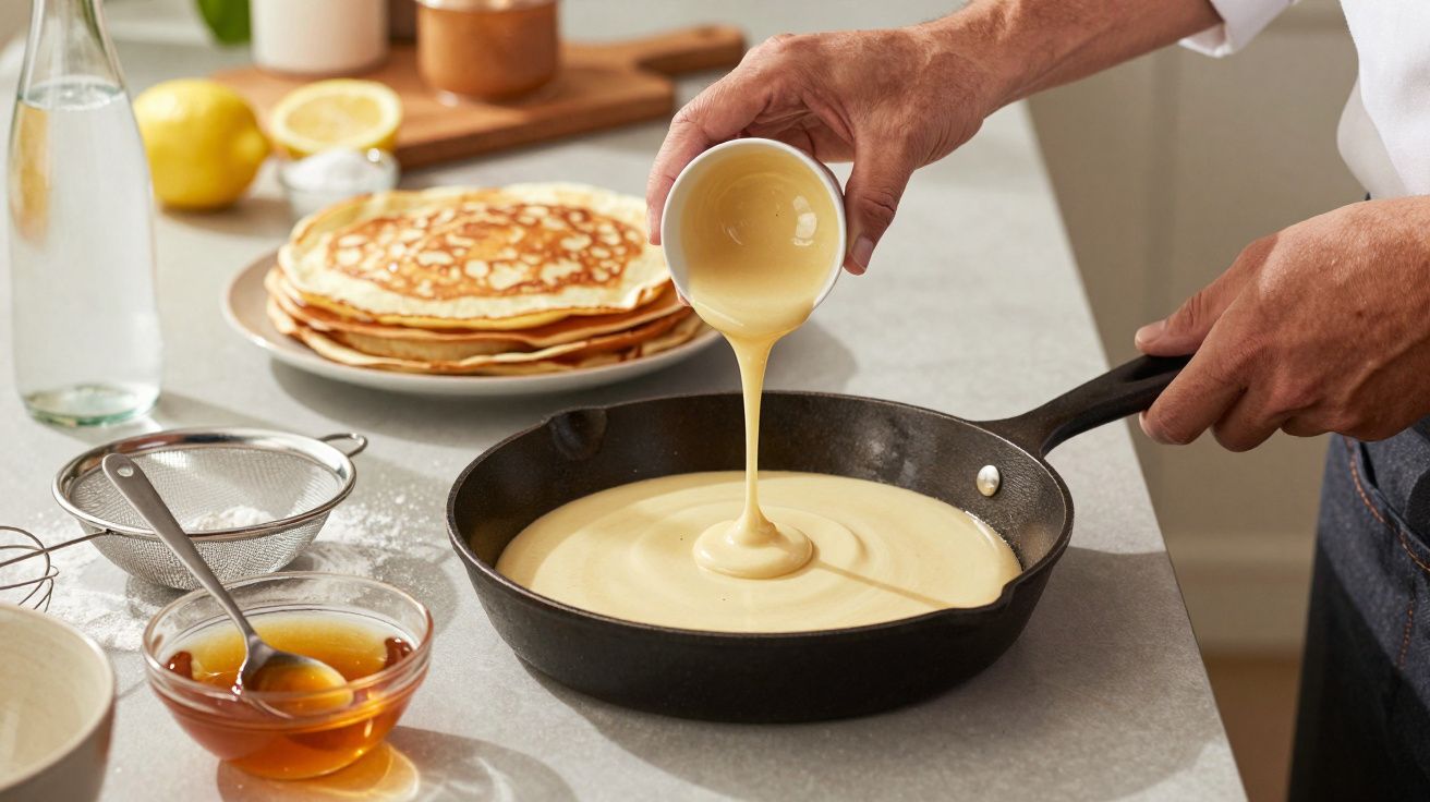 Pessoa a verter massa de crepes numa frigideira. Ao lado, crepes prontos num prato e uma tigela de mel.