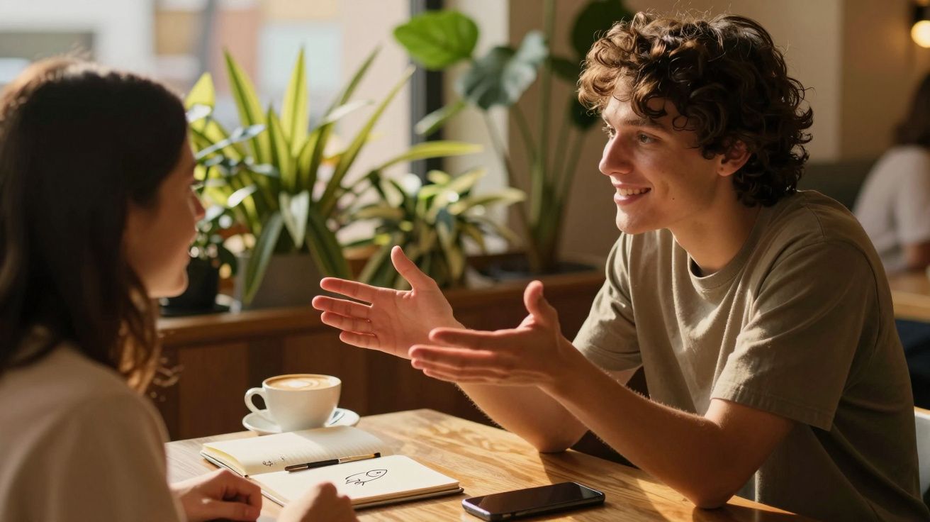 Dois jovens conversam animadamente numa cafeteria, rodeados por plantas.