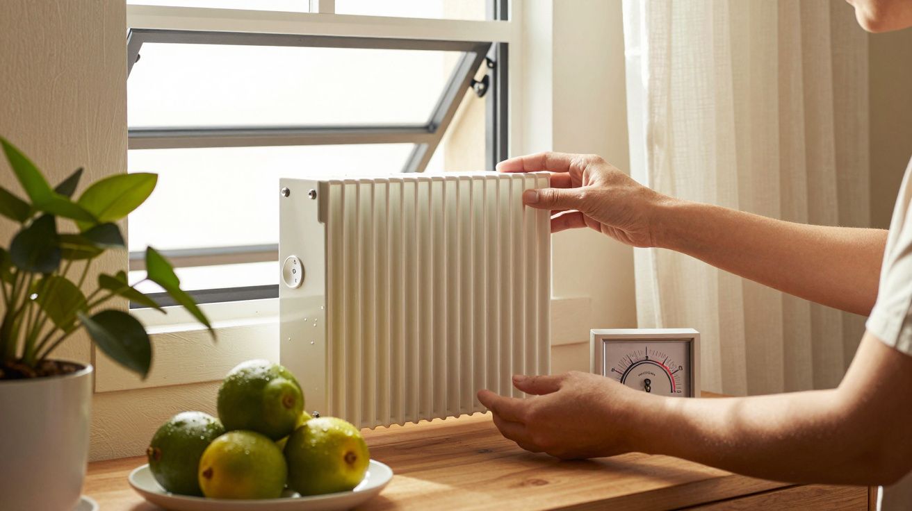 Mãos ajustam aparelho em frente a janela aberta, com limões e planta ao lado sobre a mesa de madeira.