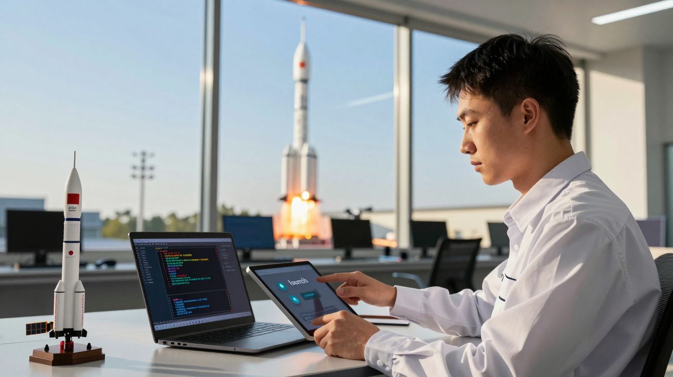 Homem trabalha em escritório com maqueta e lançamento real de foguete ao fundo. Usa portátil e tablet com código.