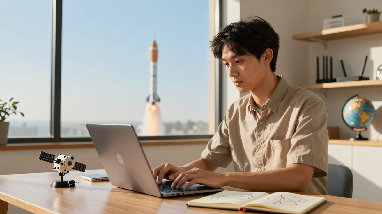 Homem trabalhando num portátil com um foguete a descolar ao fundo, numa sala com modelos espaciais e livros.