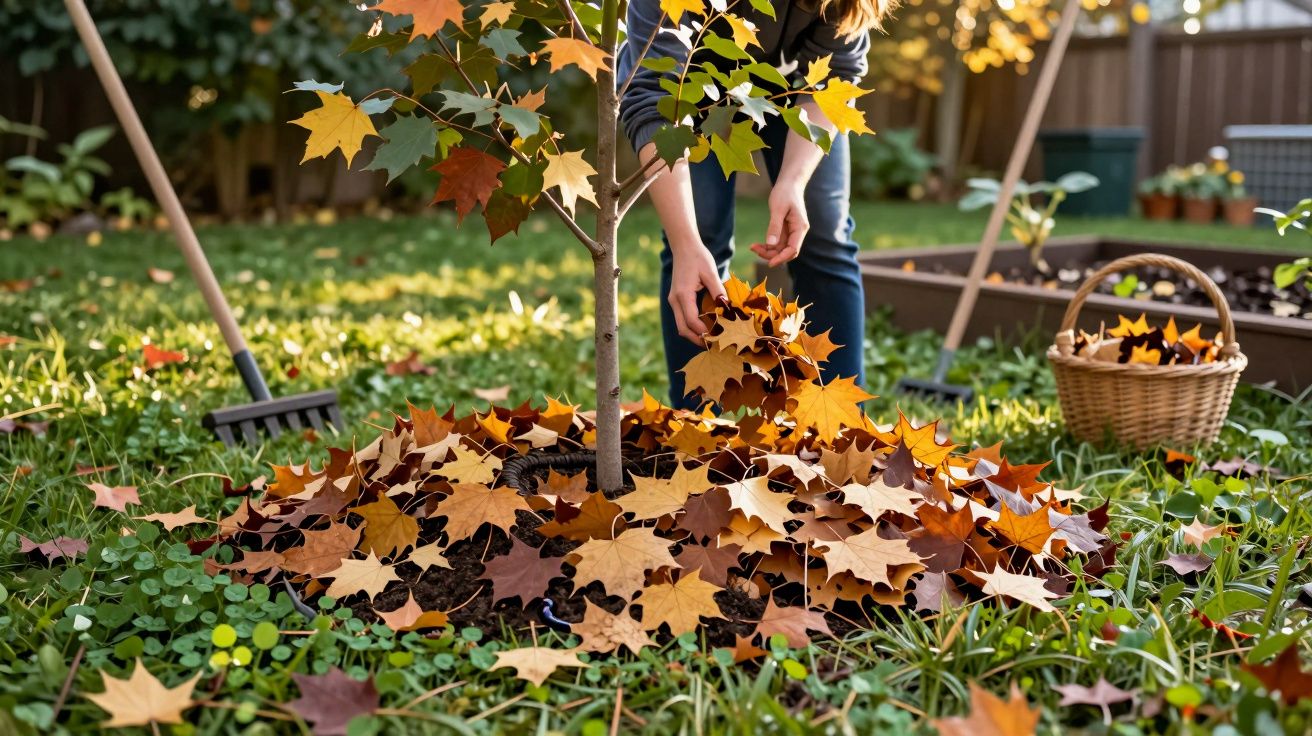 Pessoa arruma folhas caídas ao redor de uma pequena árvore no jardim, com cesto de vime e ancinho ao fundo.