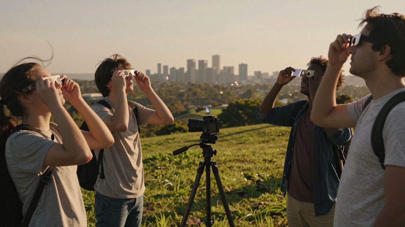 Grupo de jovens com óculos de proteção observando o céu numa colina com a cidade ao fundo.