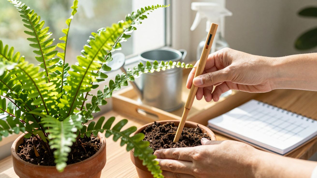 Pessoa cuidando de plantas em vasos, usando uma ferramenta de jardinagem. Fundo com bloco de notas e regador.