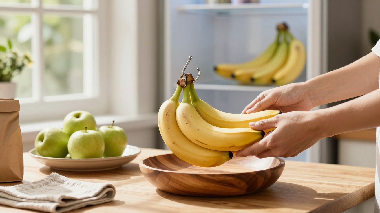 Mãos colocando bananas numa taça de madeira, com maçãs verdes ao lado numa cozinha iluminada pelo sol.