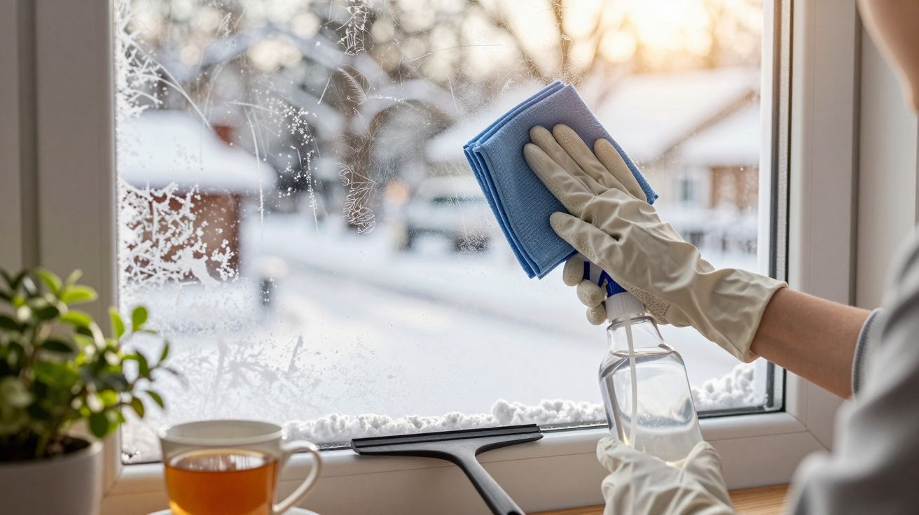 Pessoa limpa janela coberta de geada usando pano e spray, com chá e planta em vaso na mesa.