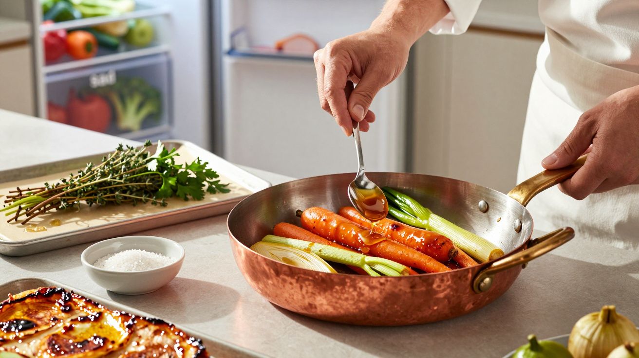 Pessoa cozinha cenouras e alho-francês numa frigideira de cobre, com ervas e sal ao lado, em cozinha moderna.