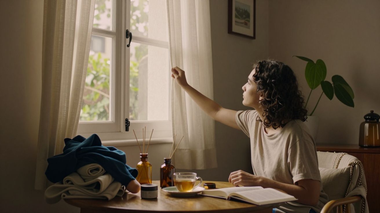 Mulher abre cortina junto à janela, sentada à mesa com chá e livro. Ambiente acolhedor e iluminado.