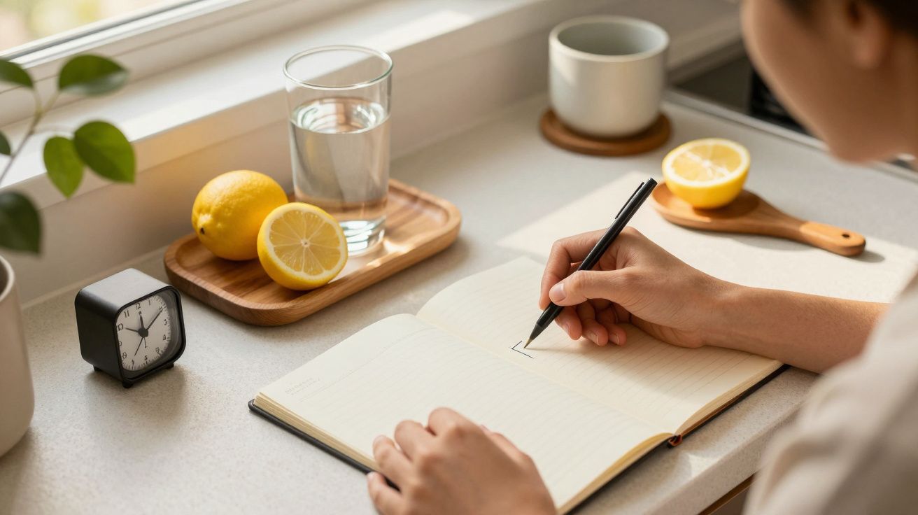 Mão a escrever num caderno numa cozinha, com limões, copo de água, chávena e relógio ao redor.
