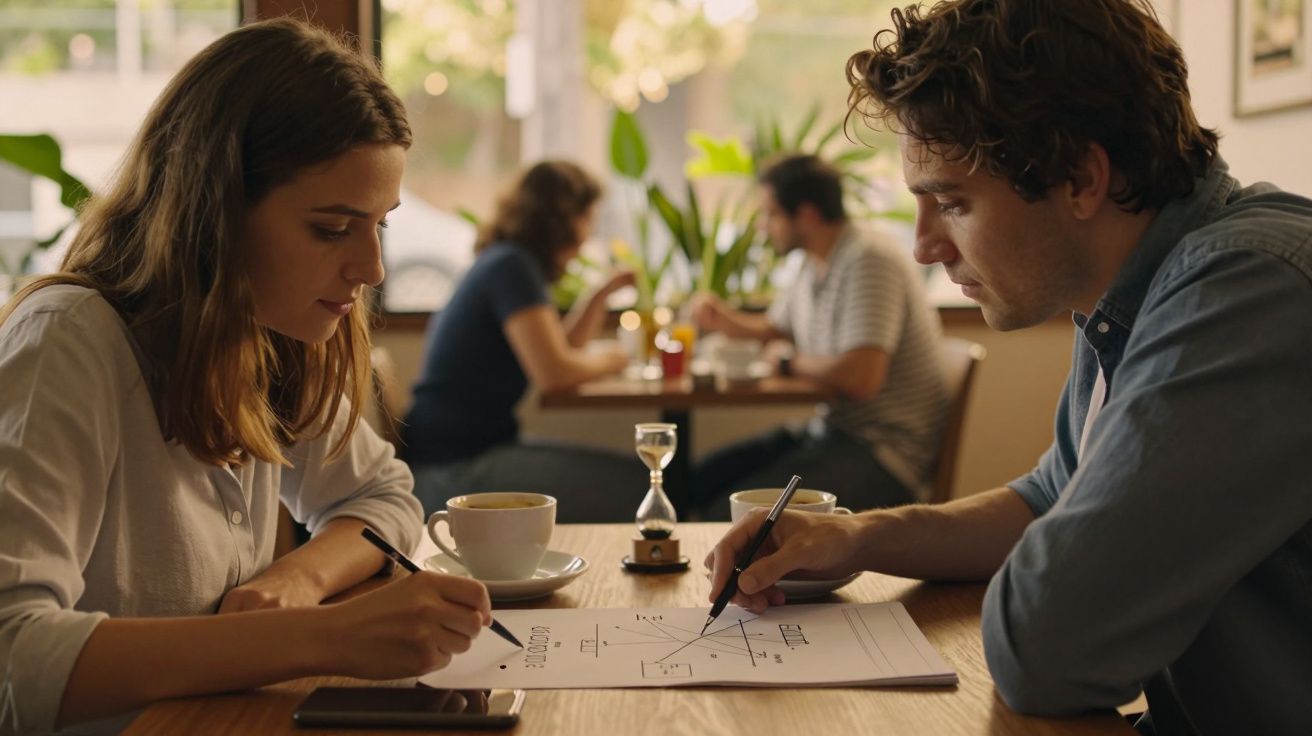 Dois jovens discutem gráficos numa mesa de café, rodeados de xícaras, plantas e outros clientes desfocados ao fundo.