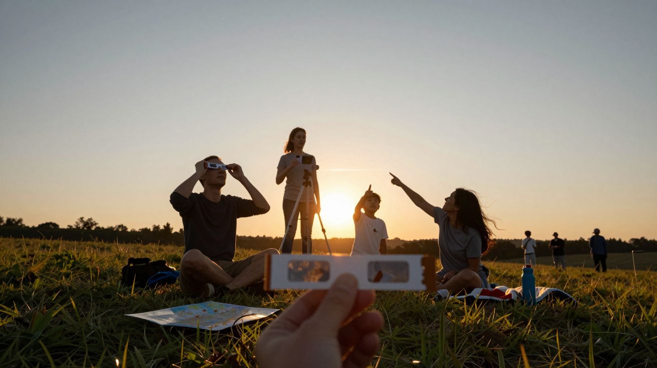 Grupo de pessoas num campo observa o céu ao pôr do sol, algumas usando óculos especiais, com mapa no chão.