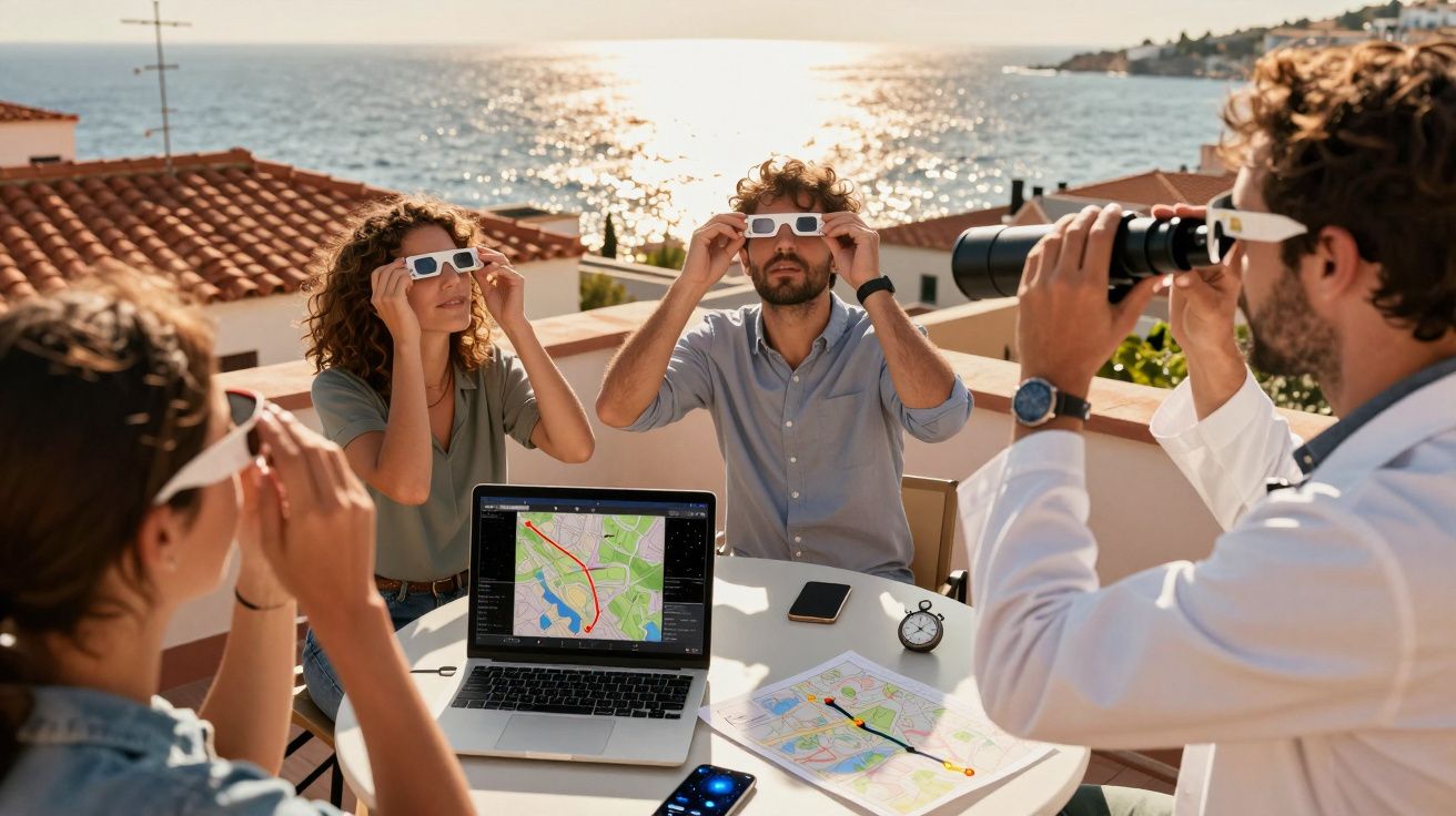 Pessoas com óculos 3D observando algo no telhado, com laptop e mapas, ao fundo o mar.