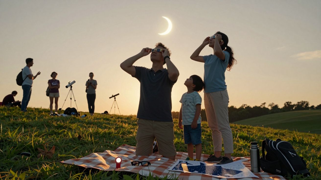 Pessoas observam um eclipse solar num campo com telescópios e óculos de proteção, ao entardecer.