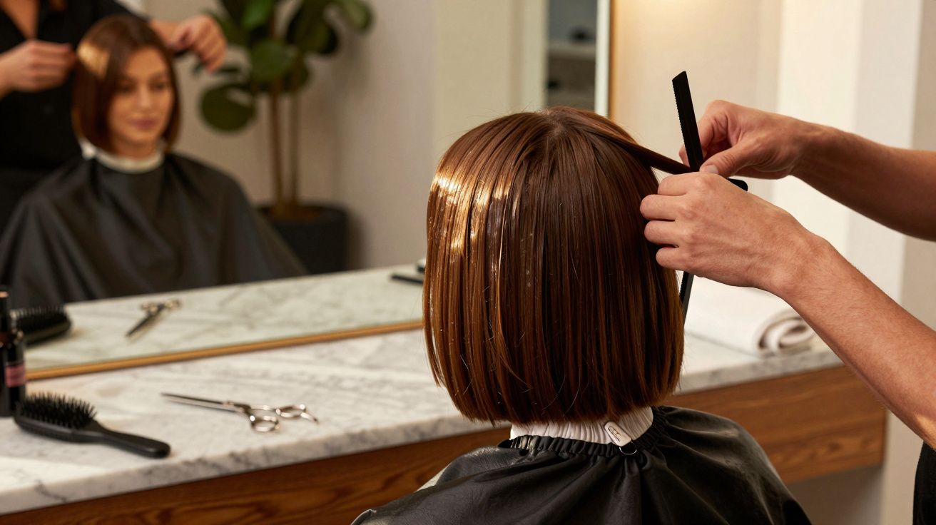 Pessoa com cabelo castanho curto sendo penteado num salão de cabeleireiro.