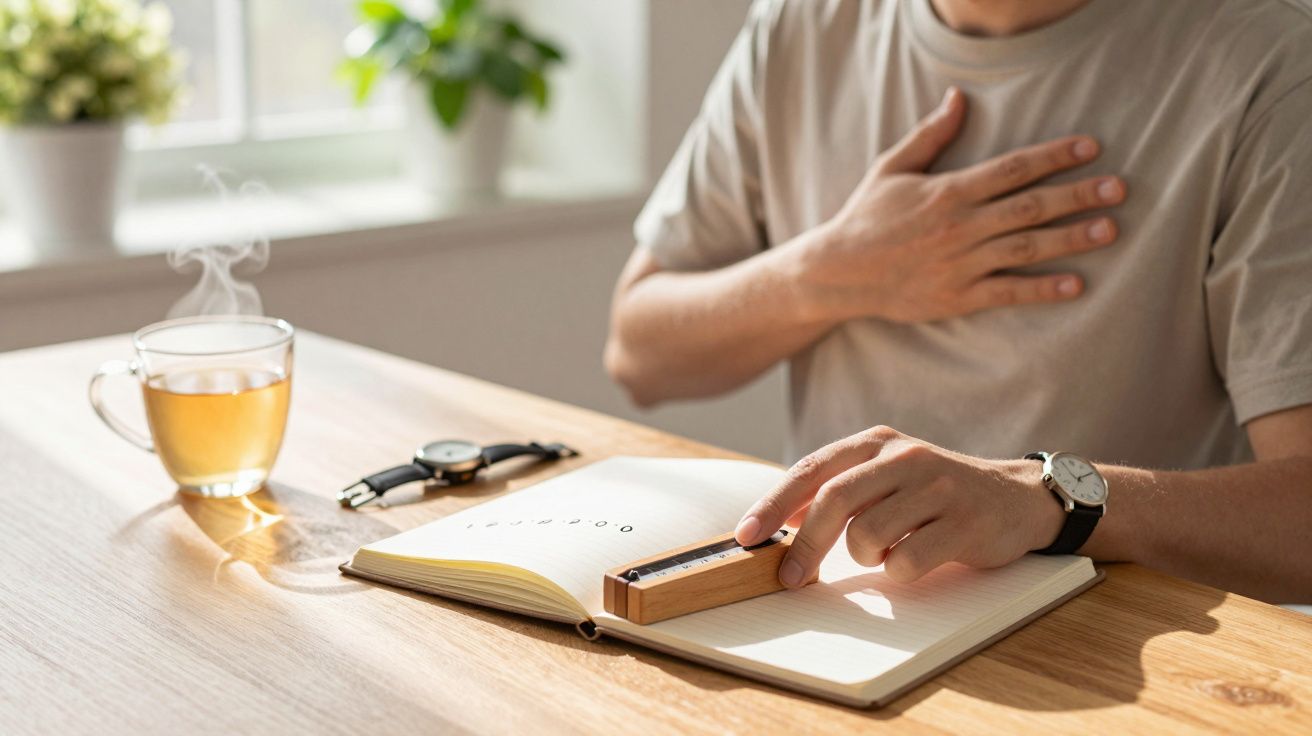 Homem sentado à mesa escreve em caderno, segurando régua. Chá quente ao lado, relógio de pulso próximo.