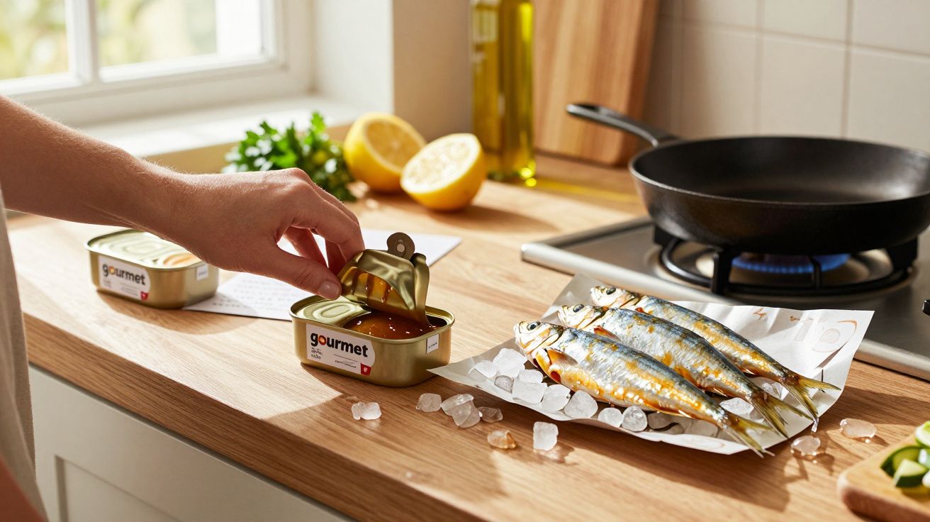 Mão abrindo lata de conservas ao lado de peixe fresco sobre papel e gelo, com frigideira no fogão ao fundo.