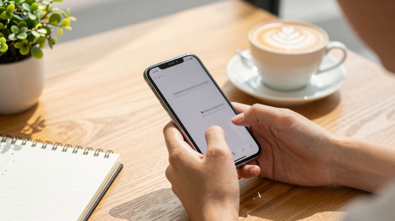 Pessoa segurando smartphone junto a caderno e café com leite art enquanto verifica mensagem em mesa de madeira.