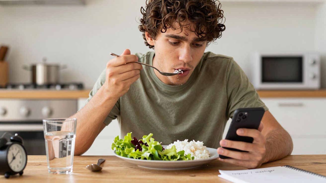 Homem jovem a comer salada e arroz enquanto olha para o telemóvel numa cozinha moderna.