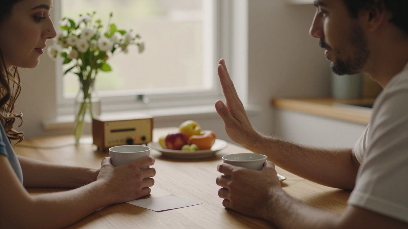Casal sentado à mesa com uma chávena de café, flores e frutas ao fundo. Homem levanta a mão em gesto de pausa.
