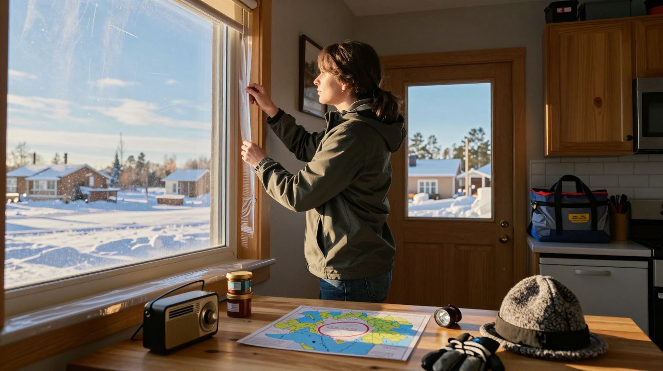 Pessoa junto à janela coberta de neve, ajustando cortina. Mapas, rádio e chapéu sobre a mesa iluminada pelo sol.