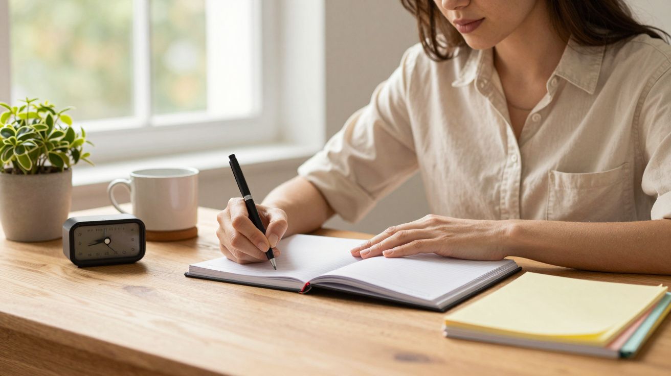 Mulher a escrever num caderno numa secretária, com uma planta, chávena e relógio ao lado, em ambiente iluminado.