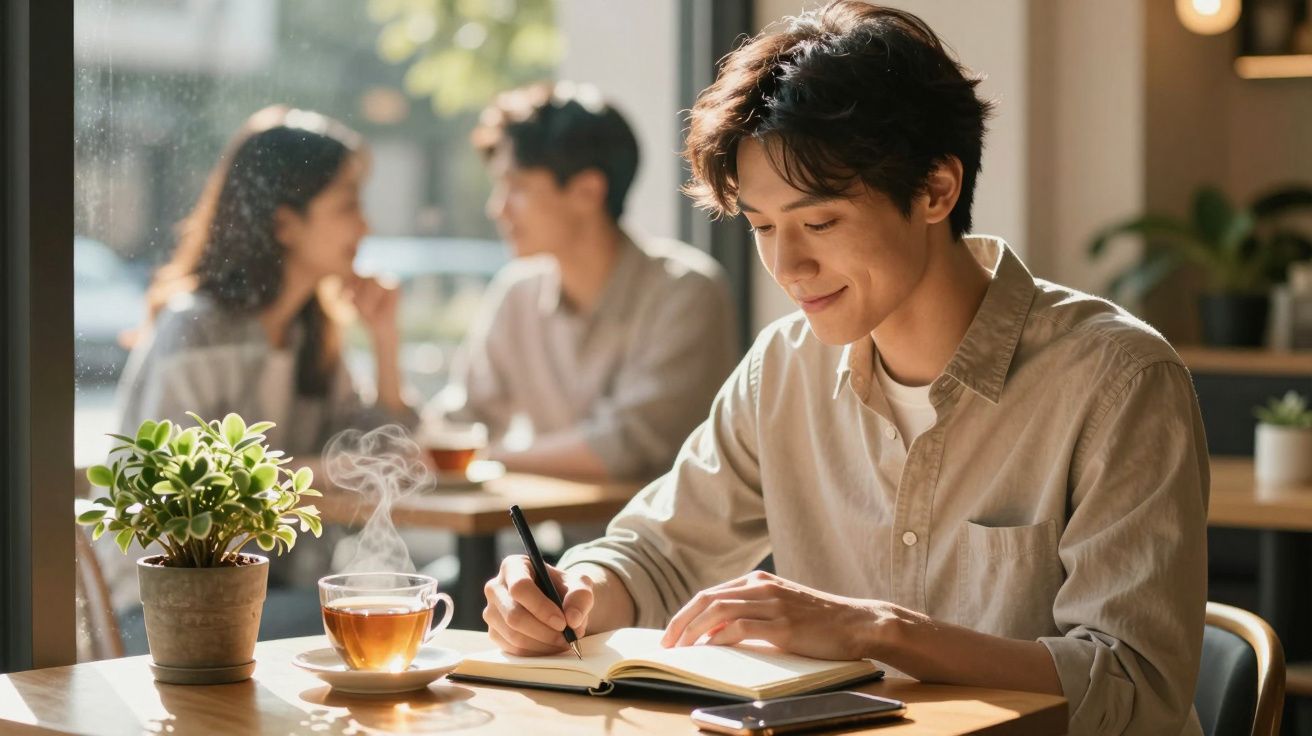 Homem a escrever num café, com chá e uma planta ao lado. Pessoas ao fundo conversam numa mesa perto da janela.