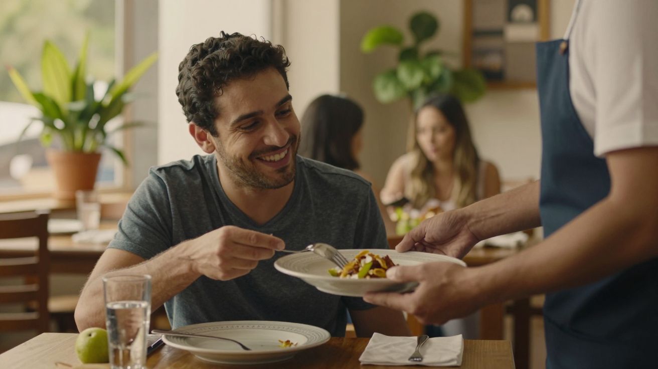 Homem sorridente recebe comida de um empregado num restaurante, com pessoas ao fundo e uma planta ao lado.